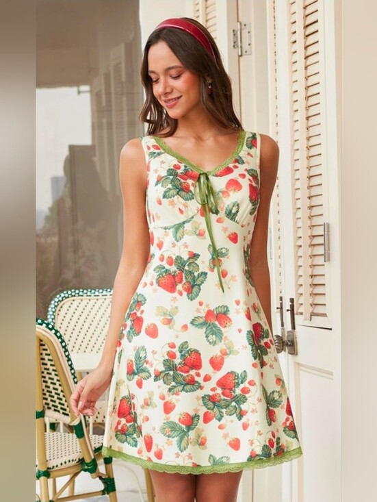 Cider Other - Cider - Strawberry Print Lace-Trim Dress - Cream/Red